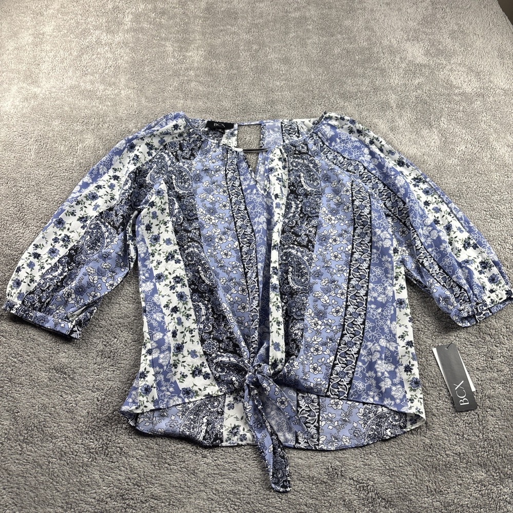 BCX Juniors' Printed‎ Cold-Shoulder 3/4 Sleeve Top Size Medium Blue